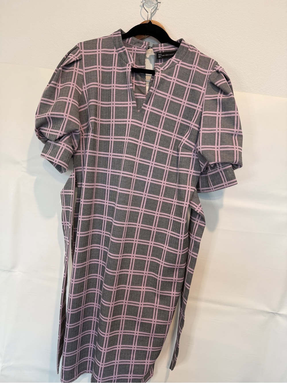 New York & Company Grey Dress with Pink Windowpane Plaid
